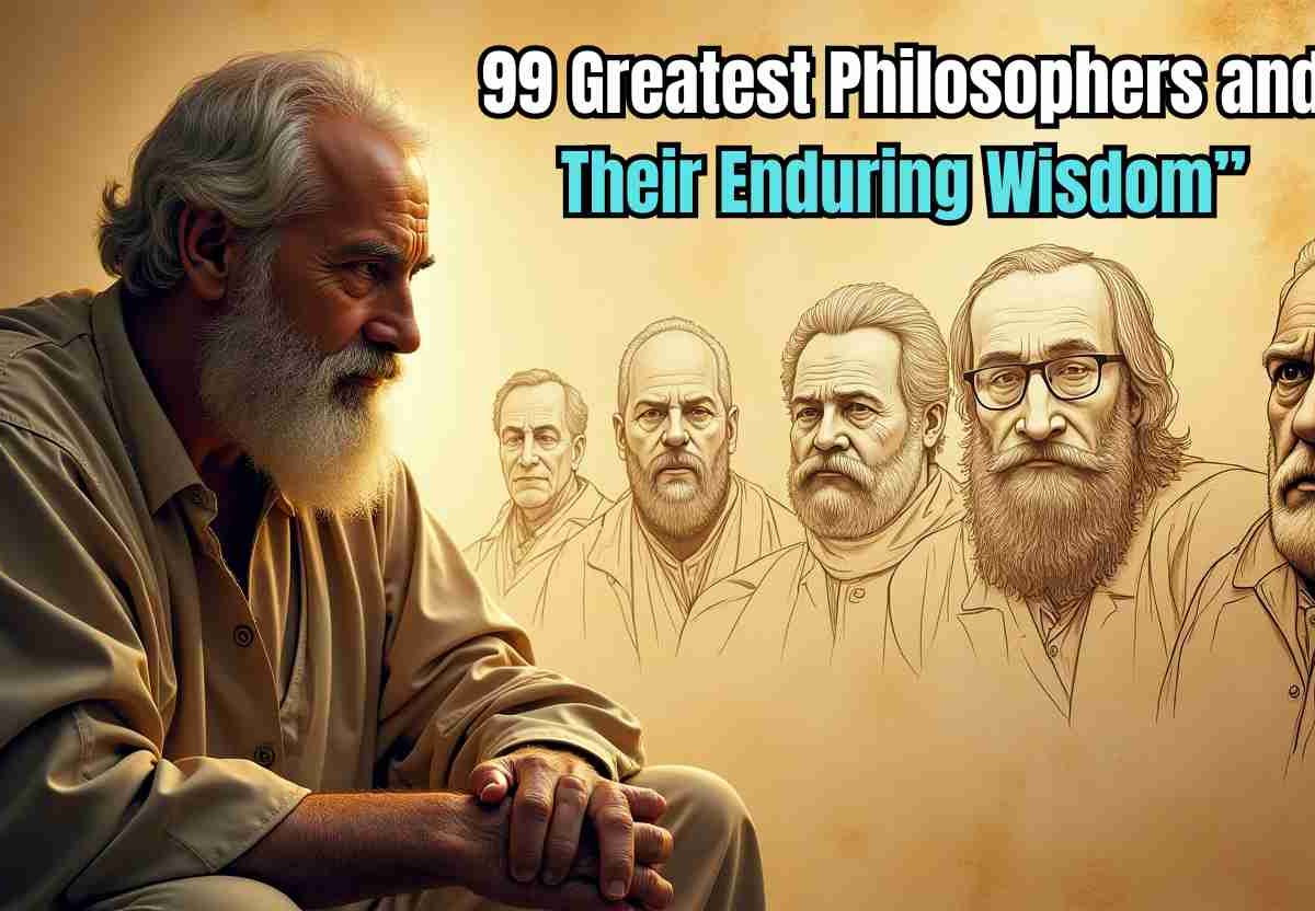 "Collage of the 99 greatest philosophers from history, blending ancient and modern thinkers like Plato, Confucius, Kant, and Nietzsche, symbolizing the evolution of human thought and wisdom."